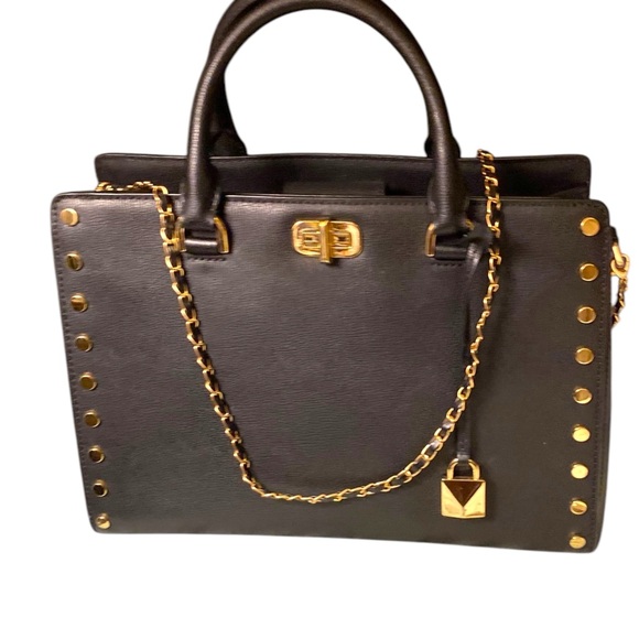 Michael Kors Gold Studded Saffiano Leather Kellen Satchel Bag. Black. Pristine - Picture 3 of 16